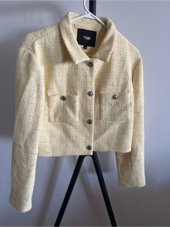 Maje Jackets & Blazers - Maje yellow cropped tweed lurex jacket Metallic Silver snap button /Size 42 / L